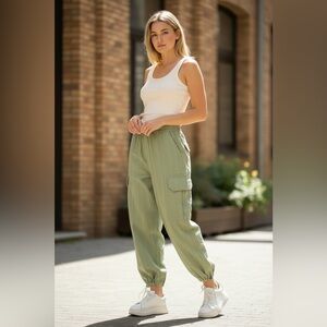 LIV&LUCY Sage Green Striped Ribbed Gauze Cargo Pants